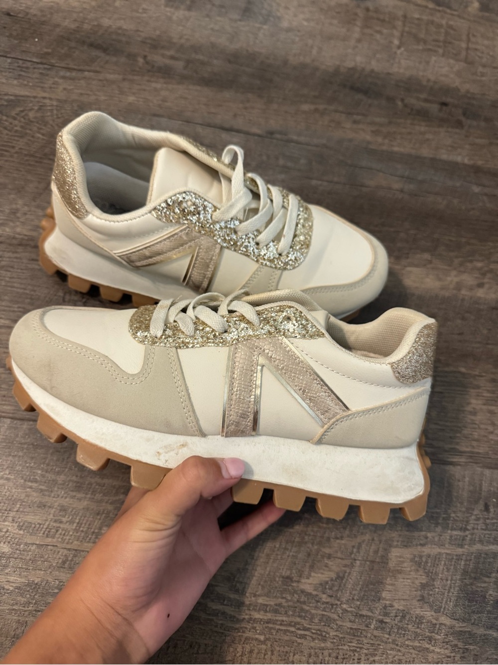 Beige Glitter Platform Athletic Sneakers - Women